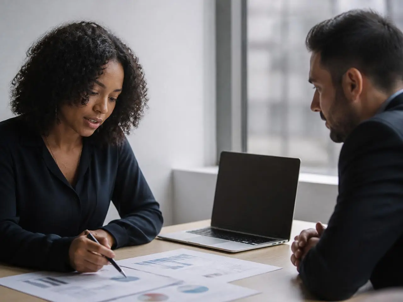 Manager and staff member reviewing performance appraisal documents at a desk